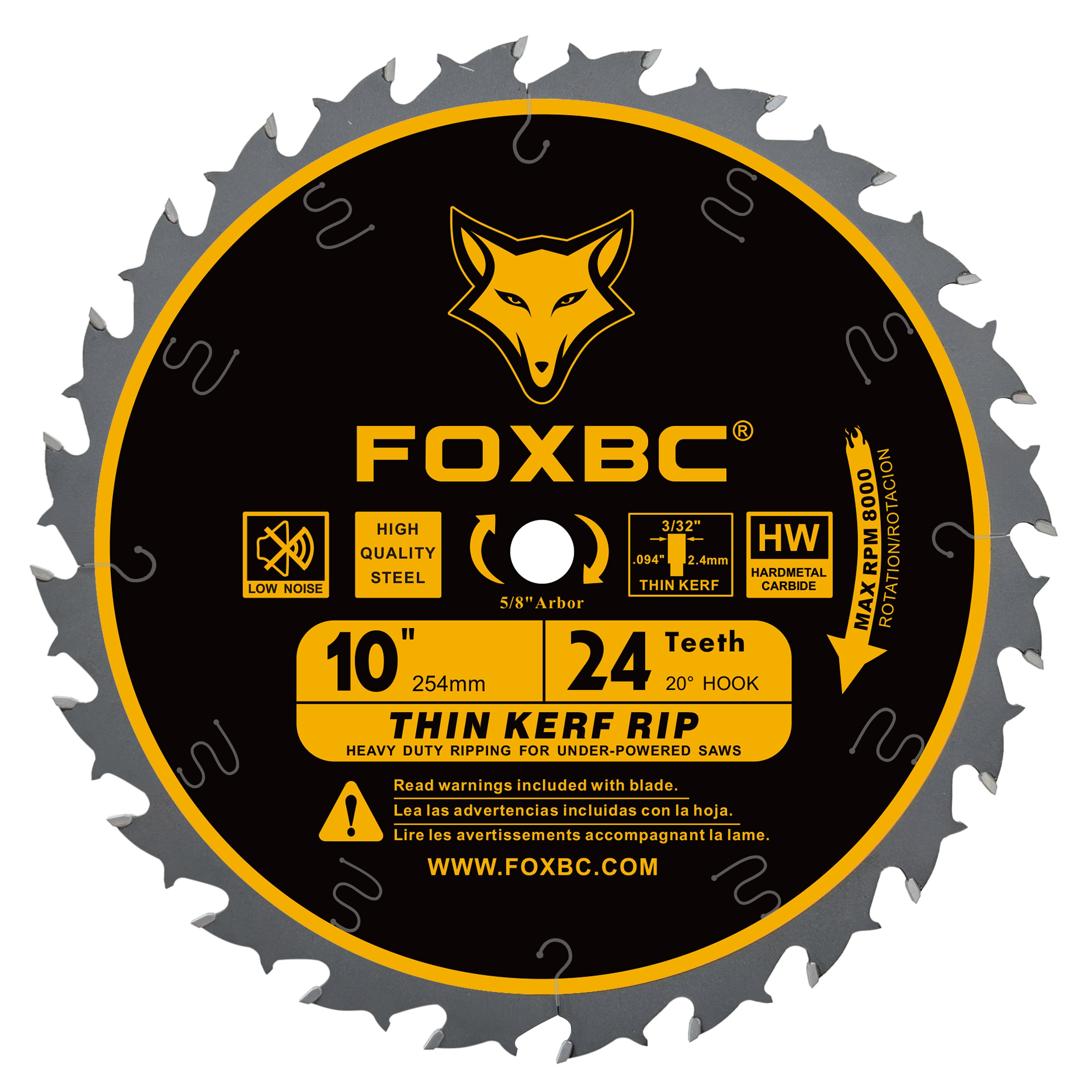 FOXBC 10-Inch Table Saw Blade, Thin Kerf Ripping Saw Blade for Wood Cutting, 24-Teeth, 5/8-Inch Arbor