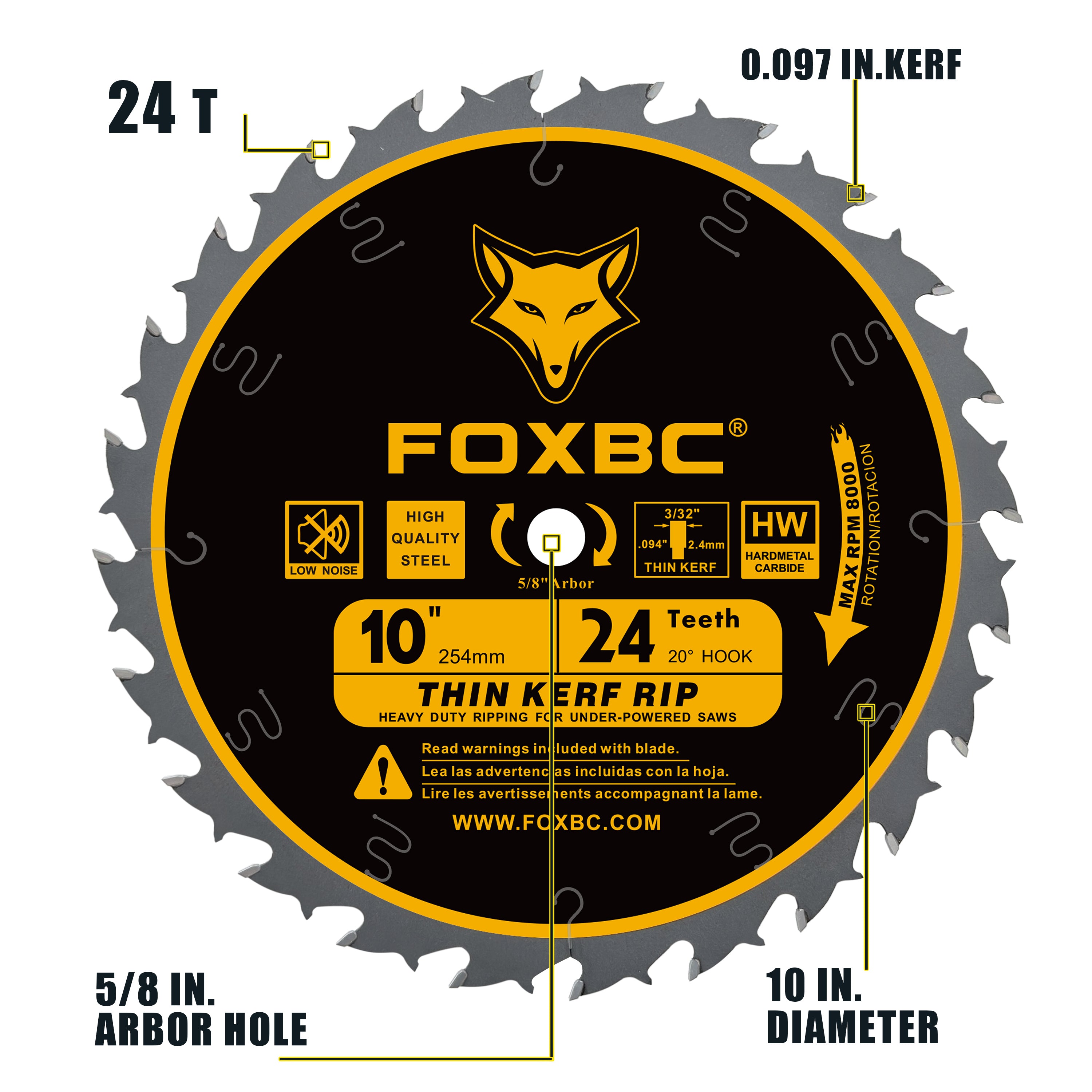 FOXBC 10-Inch Table Saw Blade, Thin Kerf Ripping Saw Blade for Wood Cutting, 24-Teeth, 5/8-Inch Arbor