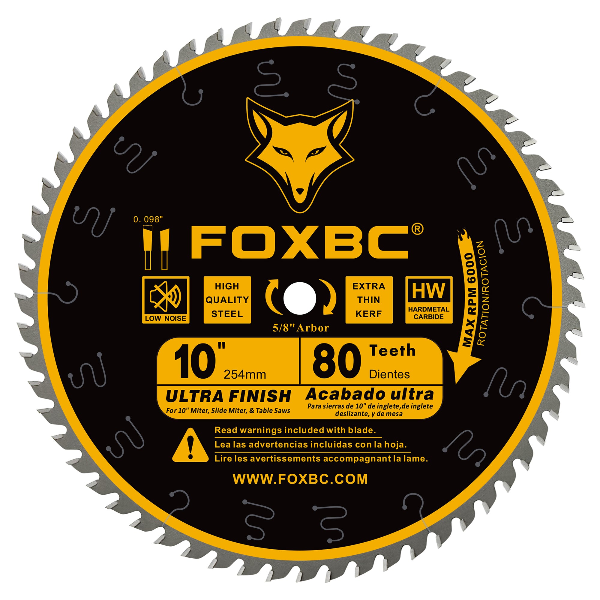 Hojas de sierra de mesa FOXBC de 10 pulgadas, 80 dientes, hoja de acabado fino con eje de 5/8 pulgadas