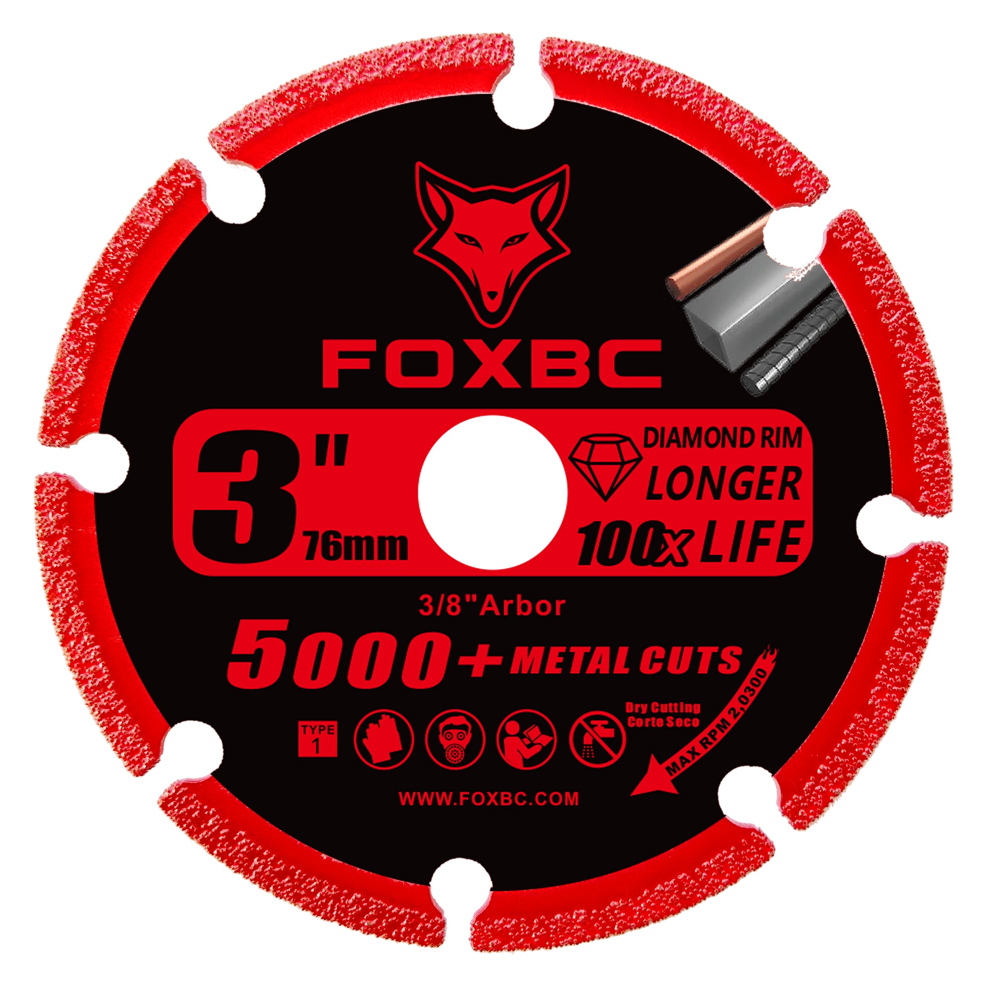 FOXBC 3 Inch Diamond Cut-off Wheel Metal Cut-Off with 5000+ Cuts on Rebar, Steel, Iron and INOX, 3/8" Arbor