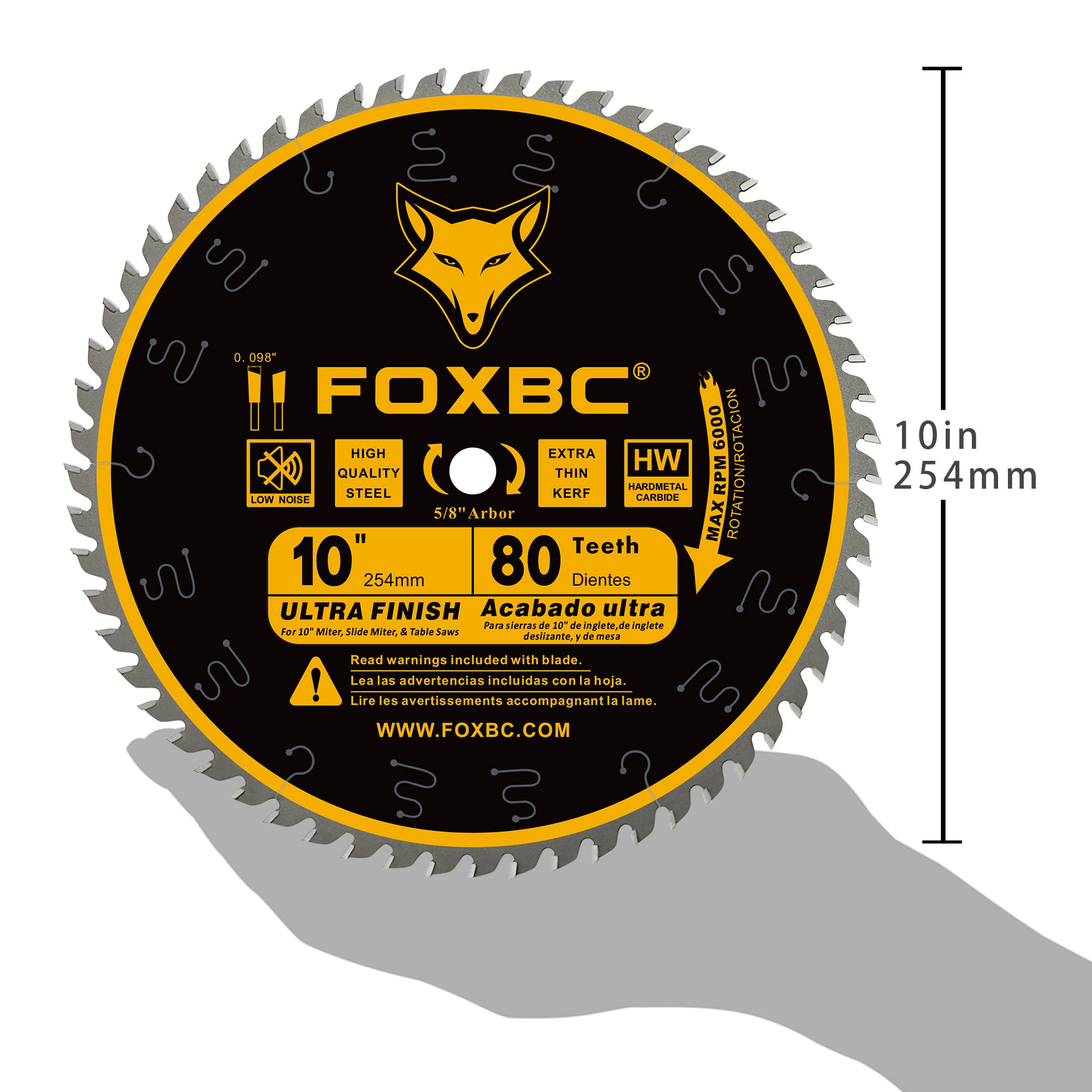 Hojas de sierra de mesa FOXBC de 10 pulgadas, 80 dientes, hoja de acabado fino con eje de 5/8 pulgadas