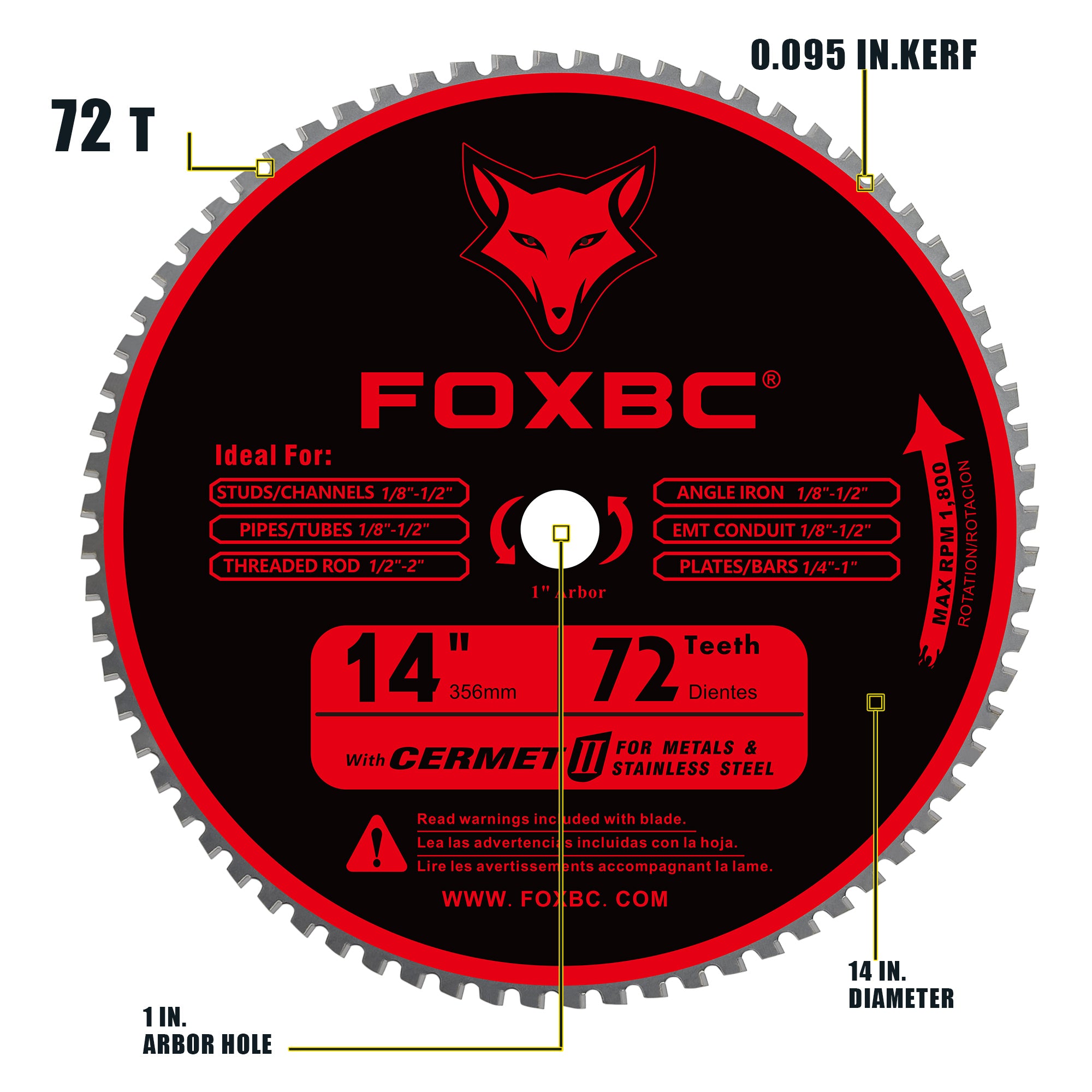 FOXBC 14 Inch Metal Steel Cutting Saw Blade 72 Tooth for Evolution 14 Inch Saw and Other, Cermel Carbide Up to 5X Longer Life