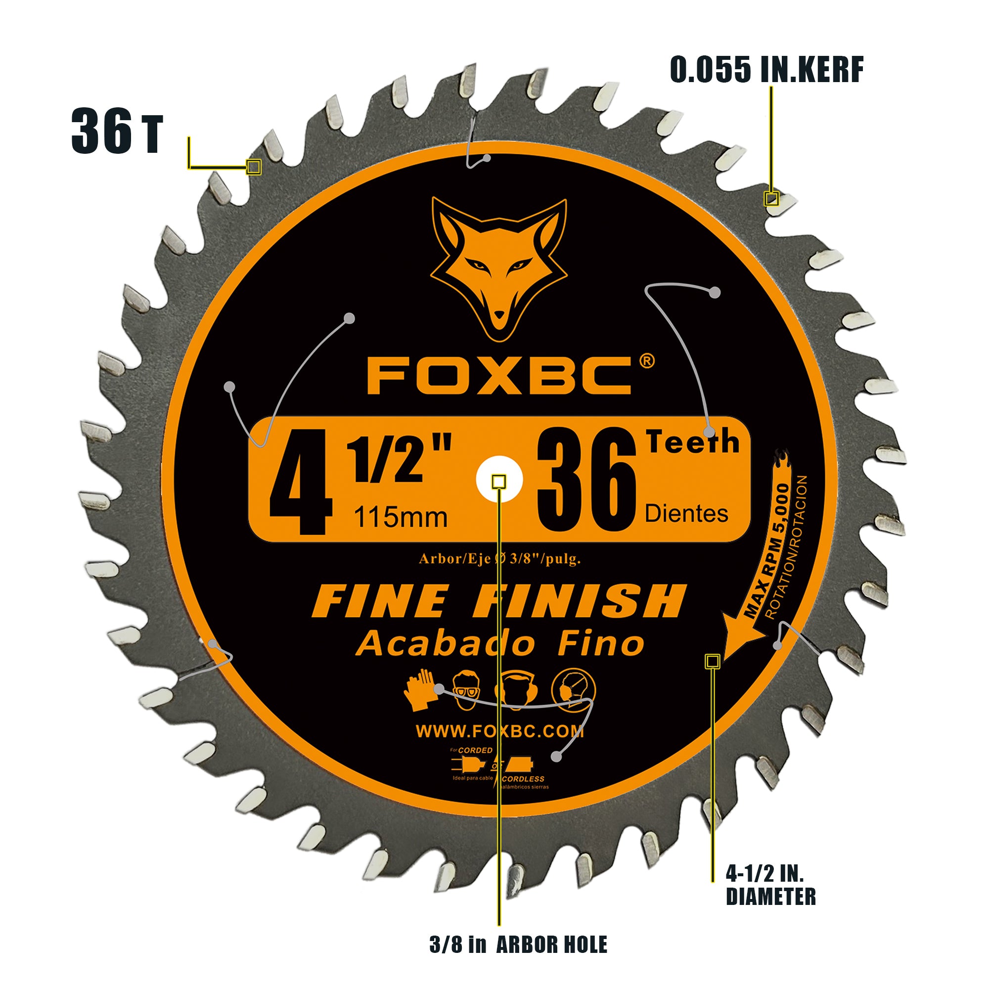 FOXBC 4-1/2 Inch 36 Tooth Trim Circular Saw Blade Fine Finish Wood Cutting with 3/8-Inch Arbor