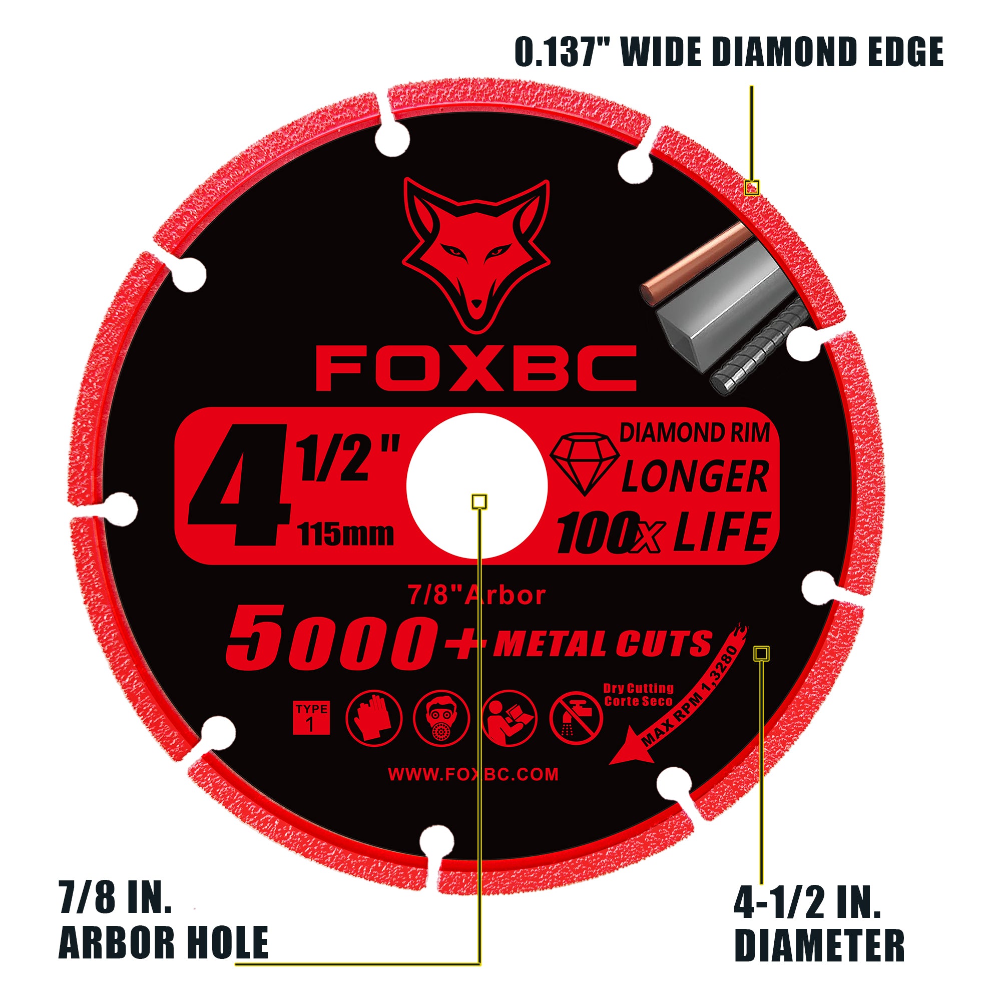 FOXBC 4 1/2 Inch Diamond Cutting Wheel Metal Cut-Off for Angle Grinder, with 5000+ Cuts on Rebar, Stainless Steel, Angle Iron, 7/8" Arbor - 3 Pack