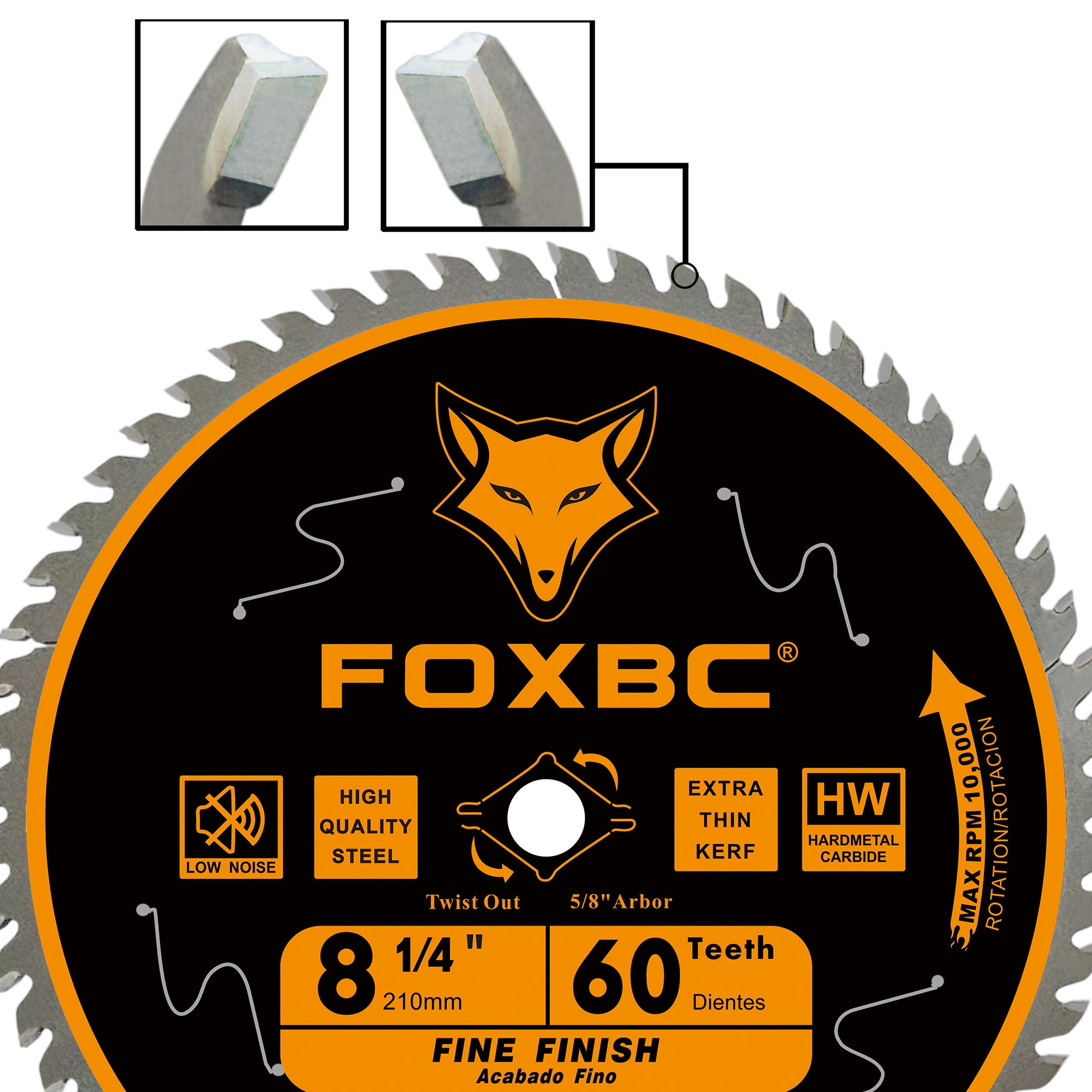 FOXBC 8-1/4 Inch Table Saw Blade 60 Tooth Fine Finish Wood Cutting with 5/8" Arbor, Diamond Knockout