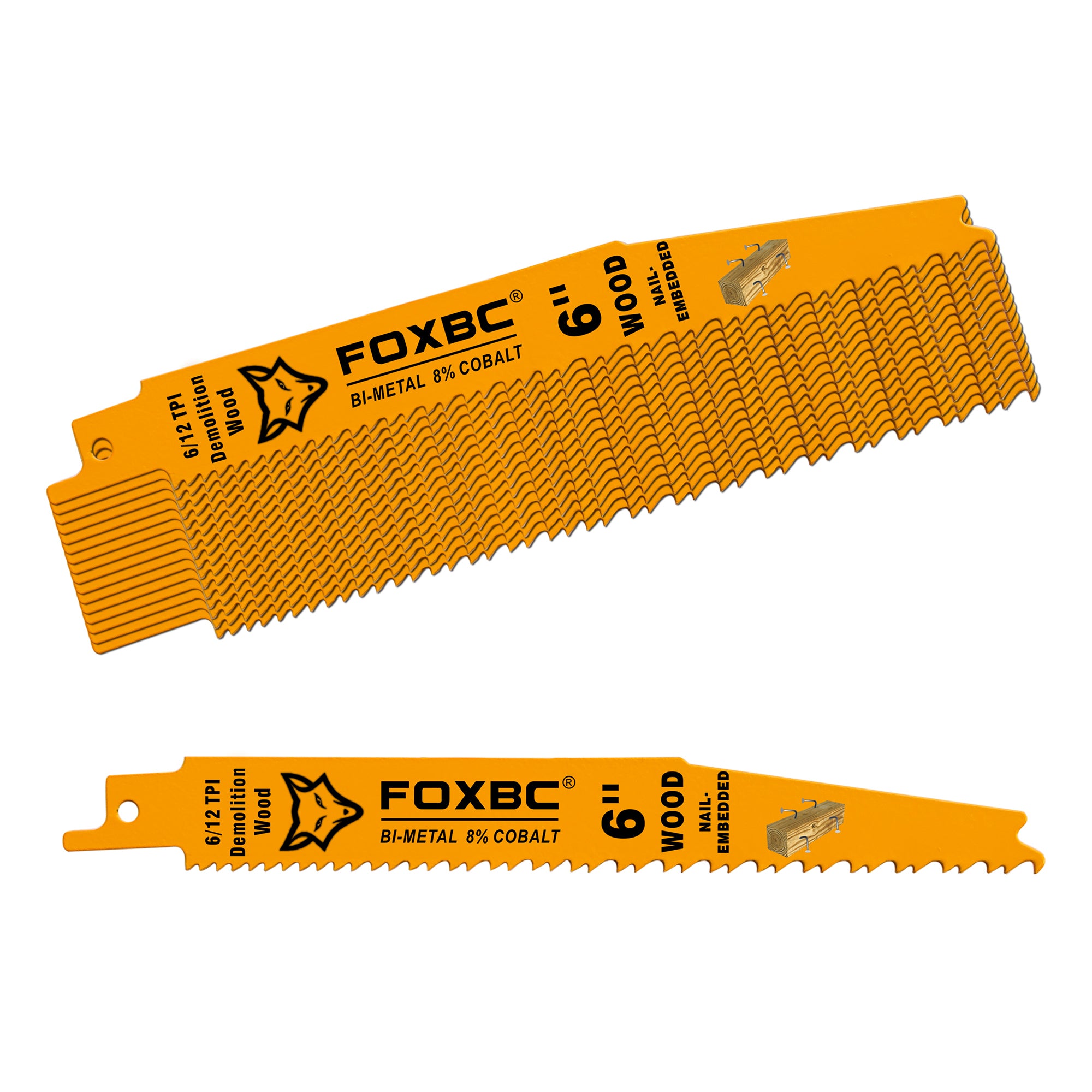 FOXBC 6 Inch 6/12 TPI Demolition Wood Reciprocating Saw Blades for Nail-Embedded, Bi-Metal, 25-Pack