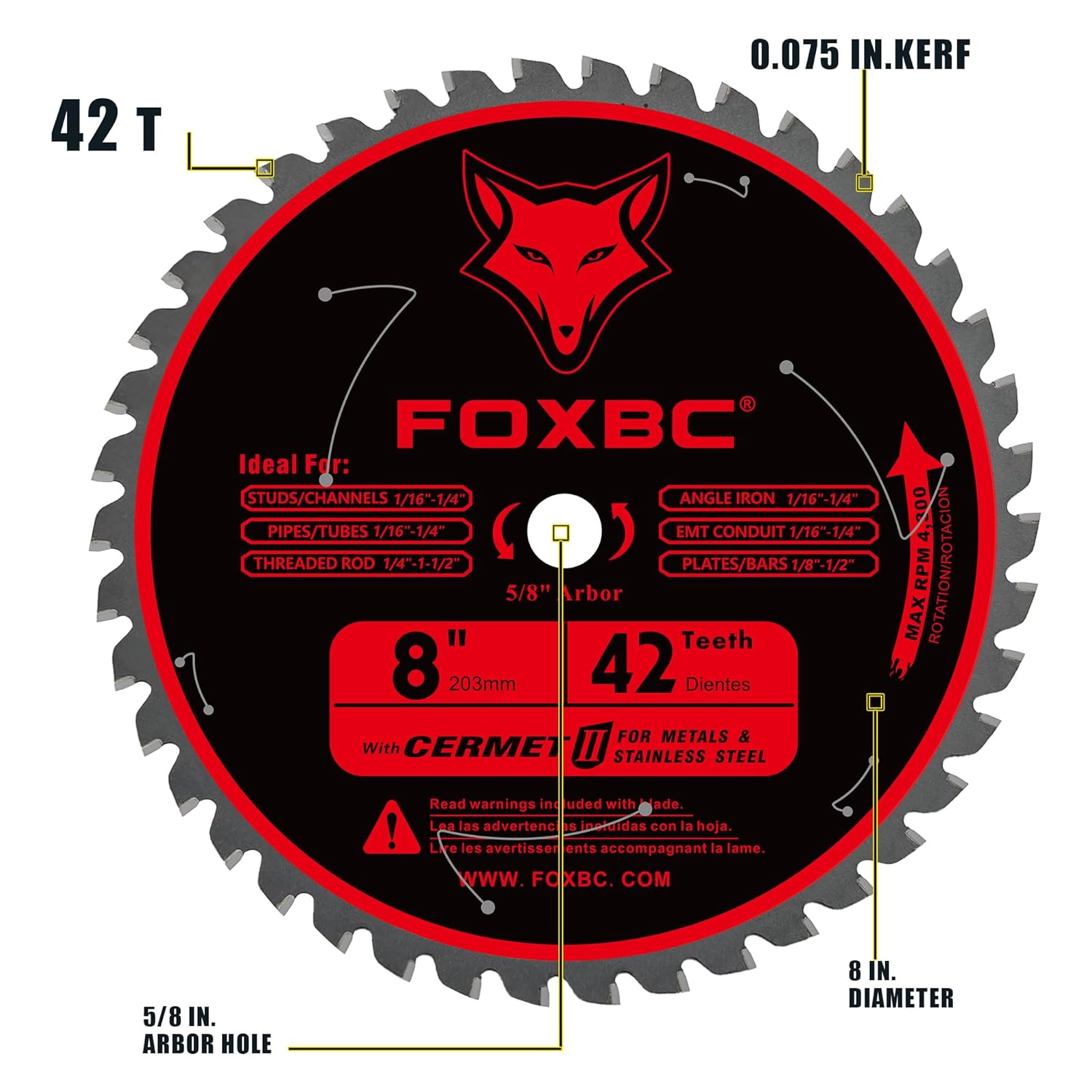 FOXBC 8 Inch Metal Steel Cutting Circular Saw Blade 42 Teeth, Cermel Carbide Up to 5X Longer Life