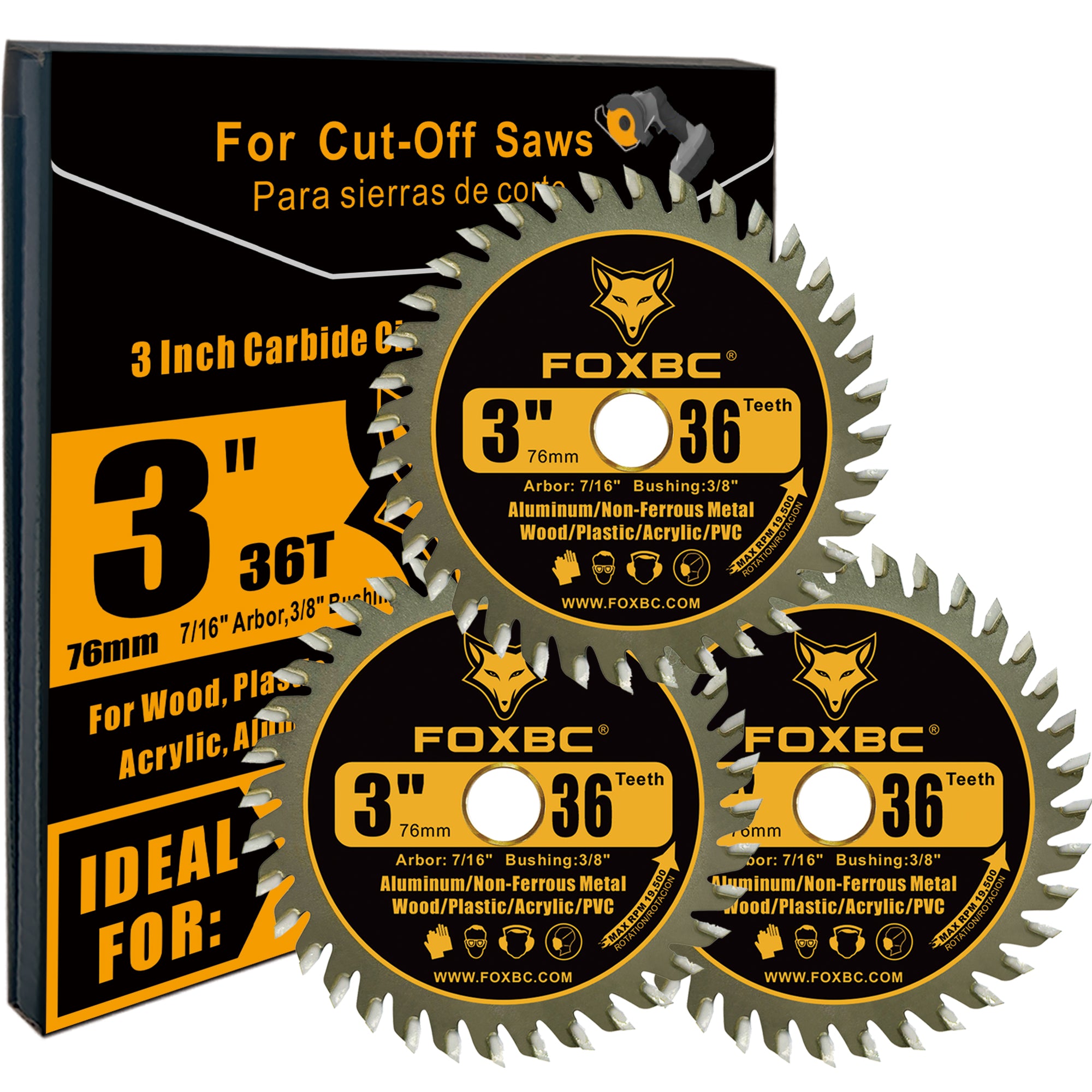 FOXBC 3 Inch Carbide Circular Saw Blade 36 Tooth for Wood, Plastic, PCV, Acrylic, Aluminum with 7/16" Arbor, 3/8" Bushing - 3 Pack